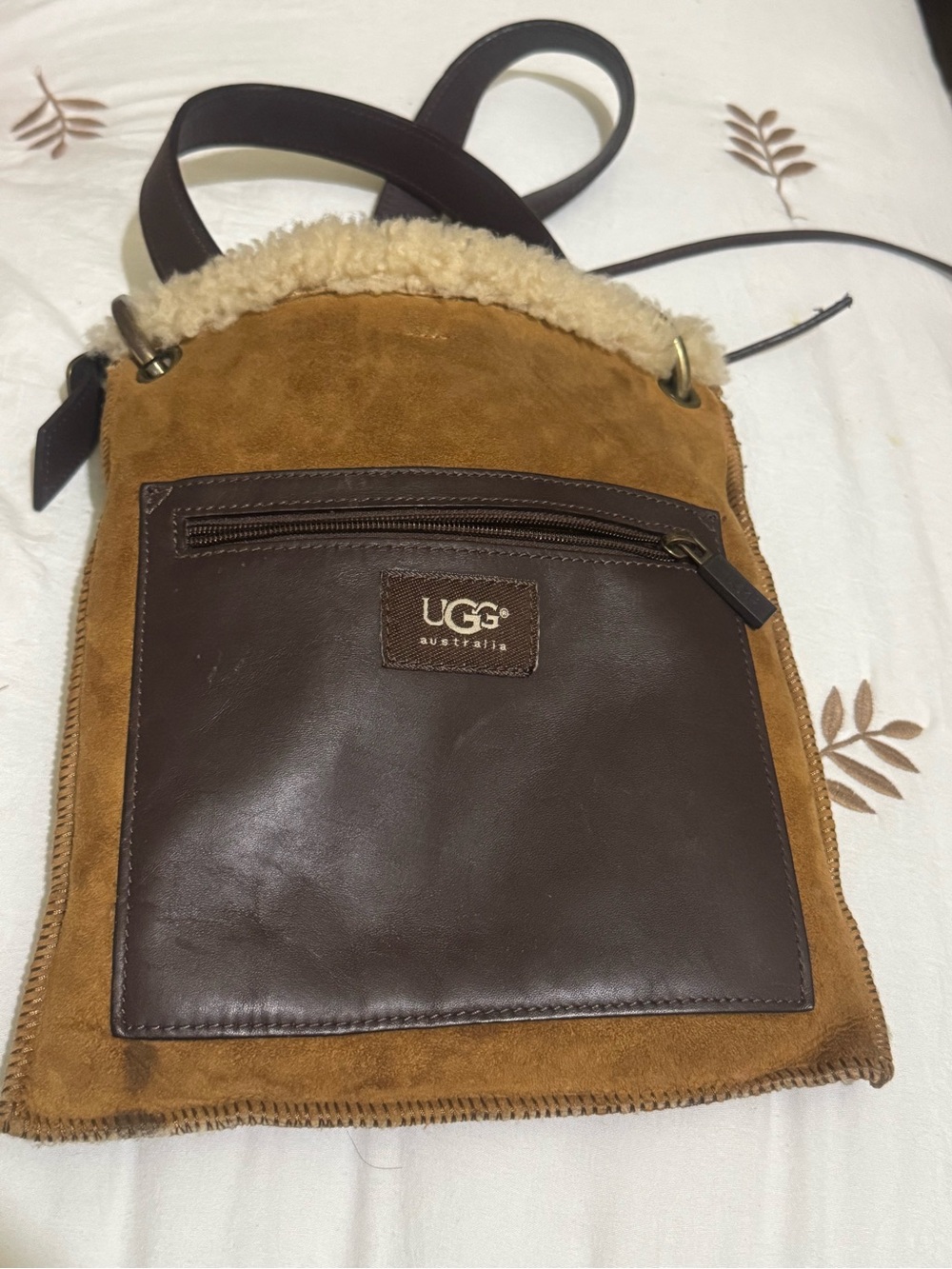 UGG Brown Suede and Dark Brown Leather Messenger Bag with Shearling Trim